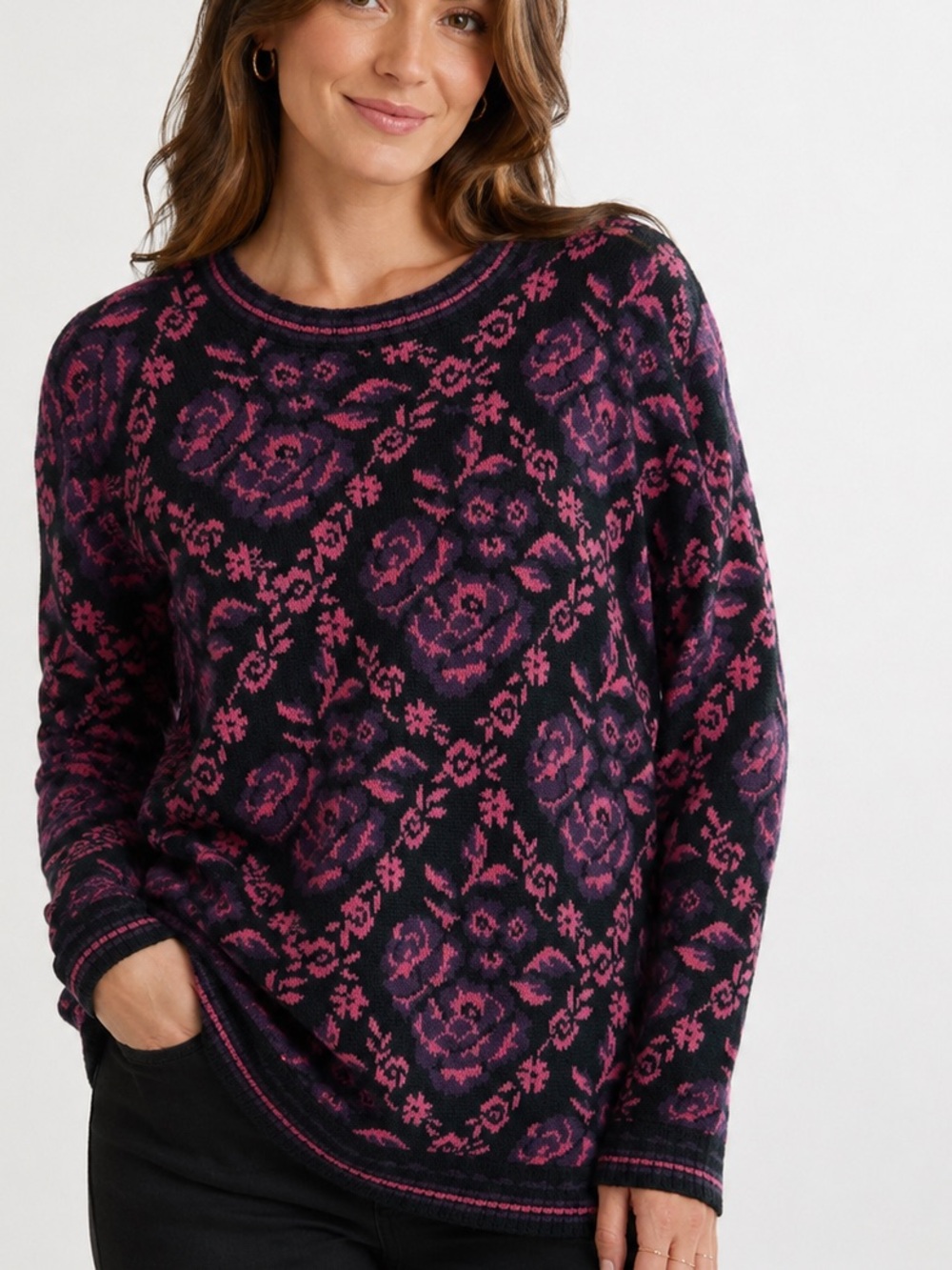 Cabin Creek Floral Knit Sweater Women’s Pink Purple Rose Print Pullover